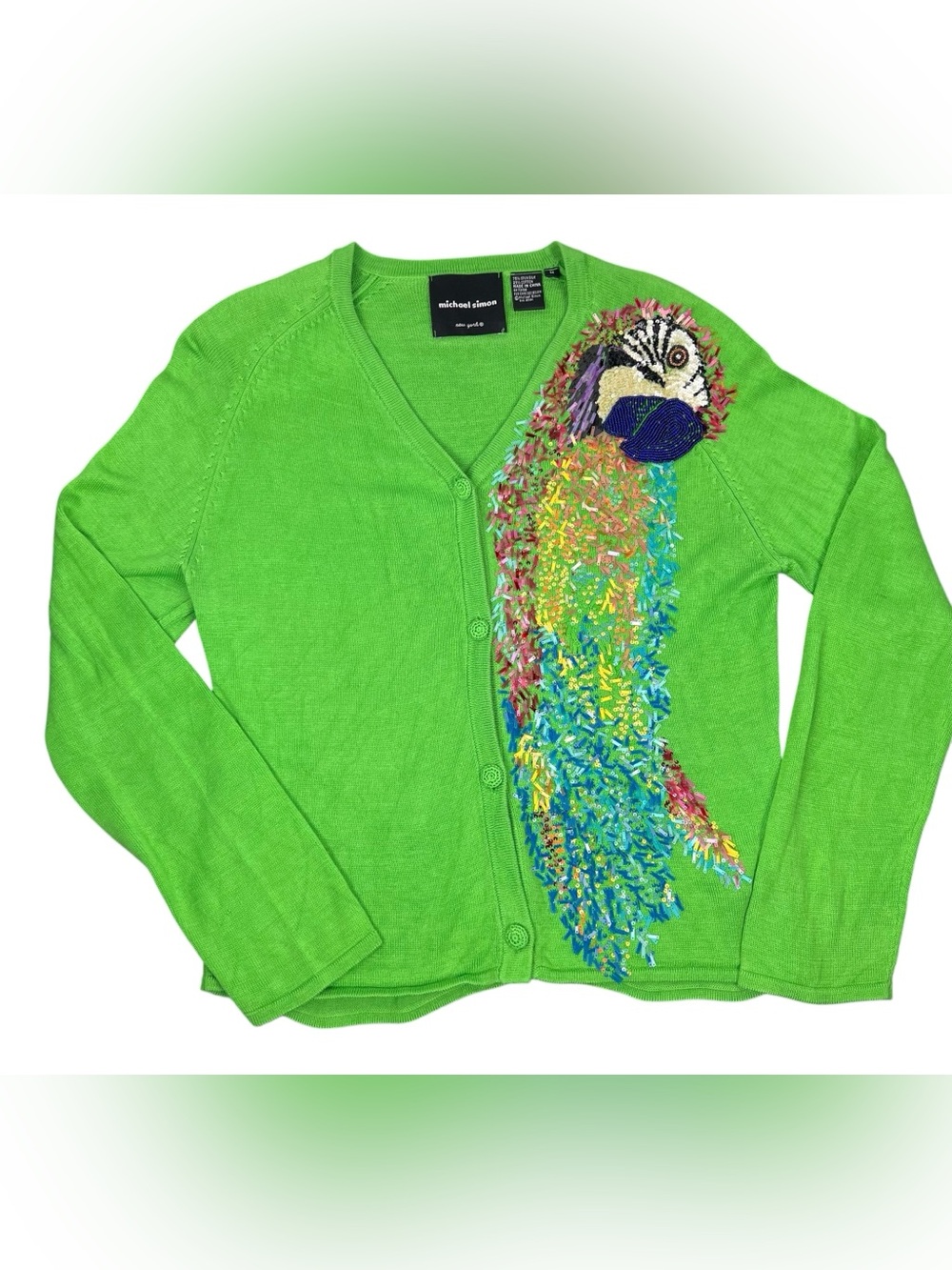 Vintage Michael Simon Green Parrot Beaded Embroidered Cardigan Sweater Size M